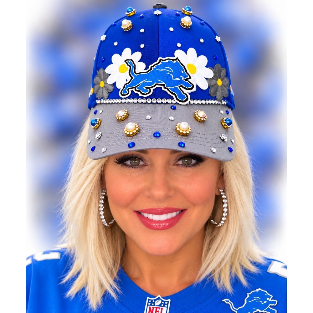 Detroit Lions Custom Embellished Floral Rhinestone Pearl Baseball Hat Blue Grey